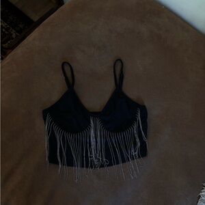 SHEIN Black Crop Camisole with Silver Chain Fringe